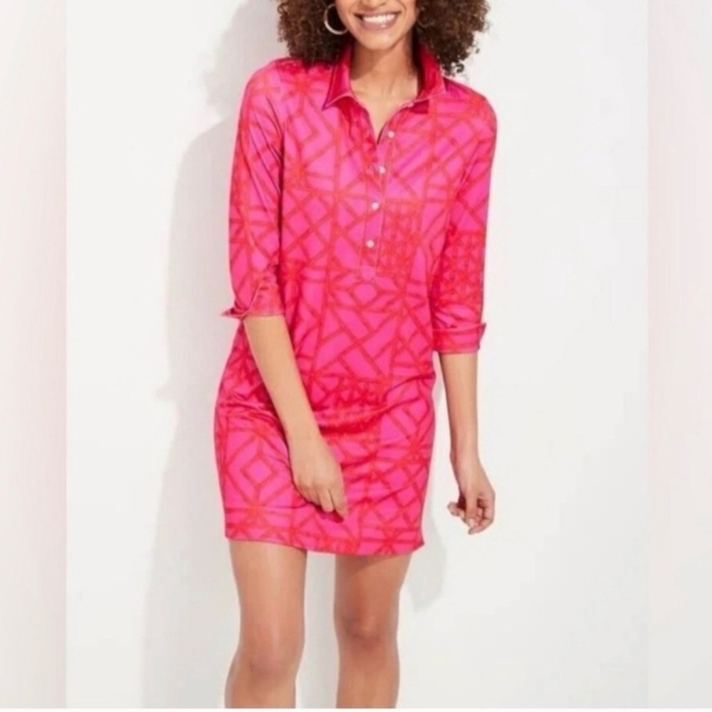 Vineyard Vines Pink and Red Geometric Ponte Shirt Dress
